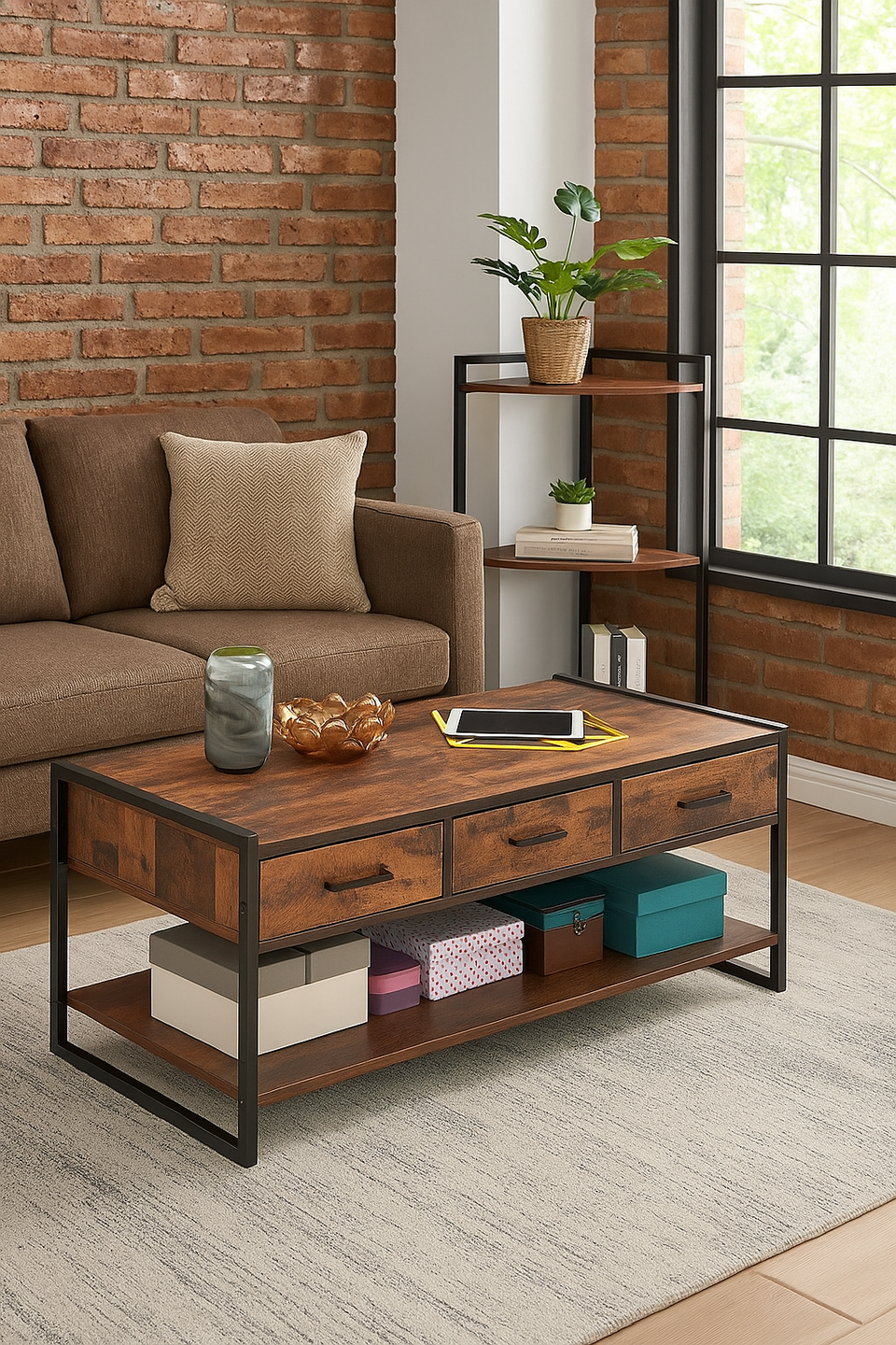 Rustic Coffee Table with 3 Drawers and Open Shelf Living Room Furniture with Storage