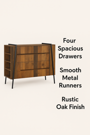 Rustic oak 4-drawer chest of drawers with metal frame, bedroom storage cabinet by Lavish Kitchen Isle, natural wood finish