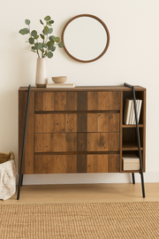 Rustic 4-drawer bedroom storage chest with metal frame, showcasing wooden drawers and vintage-style design.