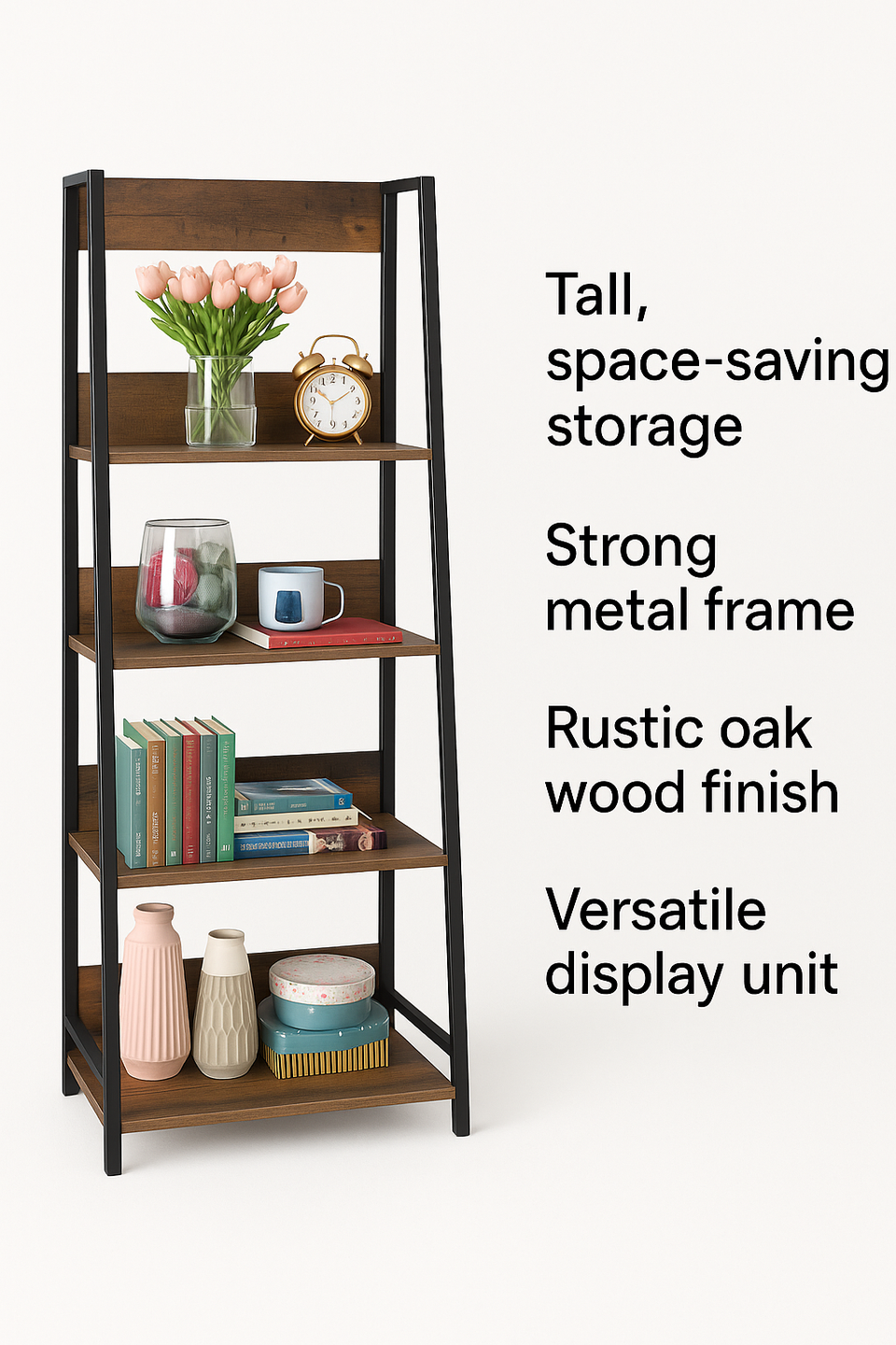 4-Tier Rustic Oak Bookcase Unit – Tier Shelving Storage Book Shelves for Home, Living Room and Office