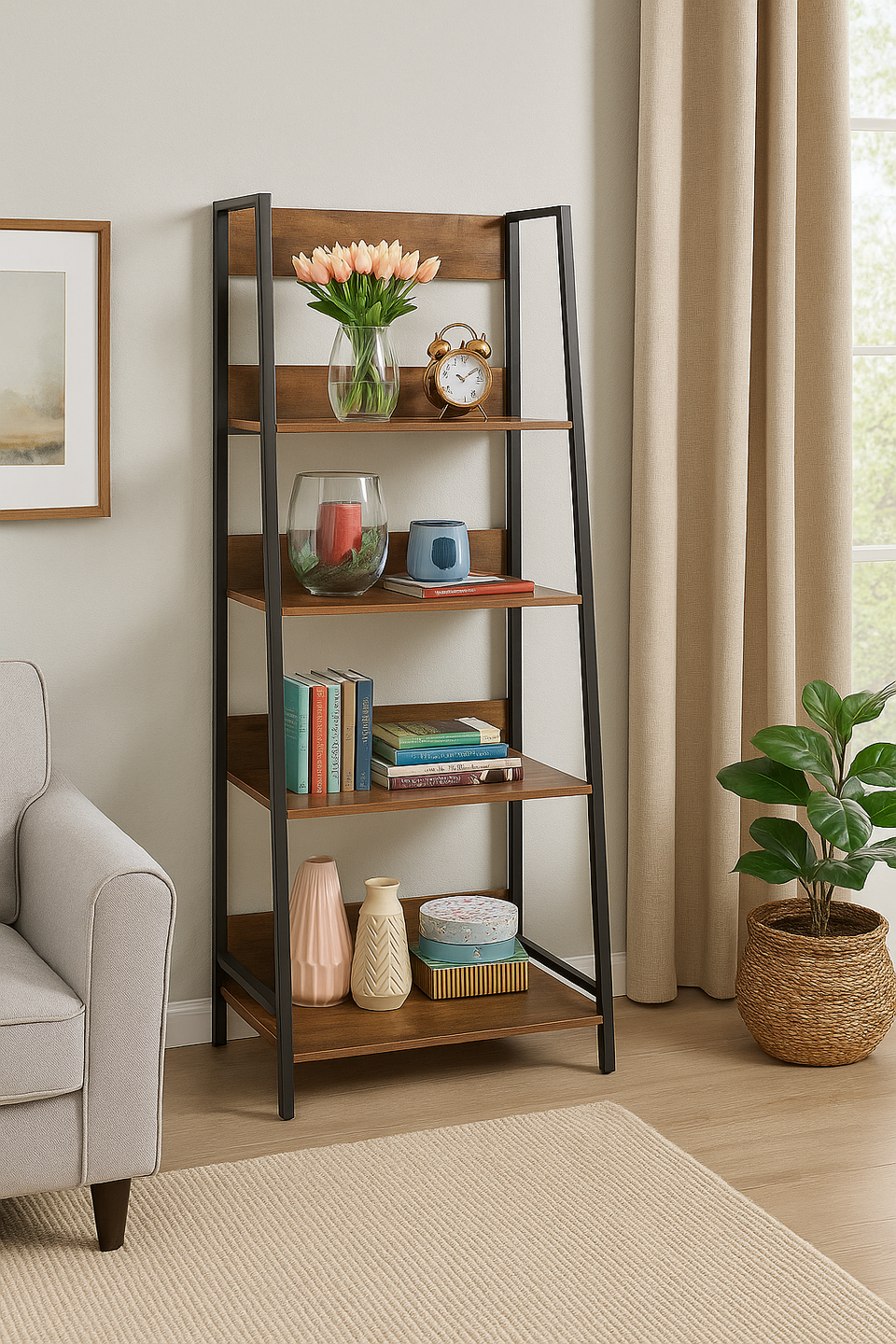4-Tier Rustic Oak Bookcase Unit – Tier Shelving Storage Book Shelves for Home, Living Room and Office
