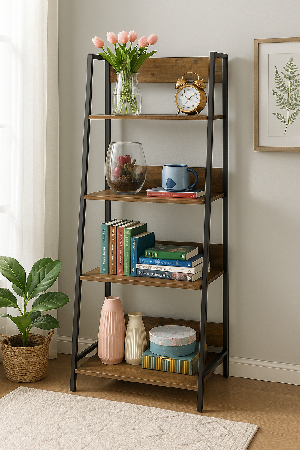 4-Tier Rustic Oak Bookcase Unit – Tier Shelving Storage Book Shelves for Home, Living Room and Office