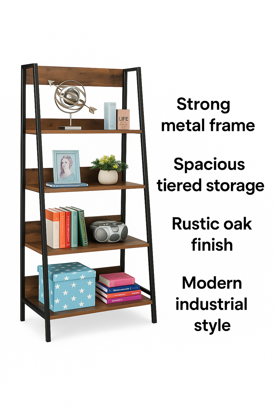 4-Tier Rustic Oak Bookcase Unit with Metal Frame Tiered Shelving Storage Book Shelves for Living Room
