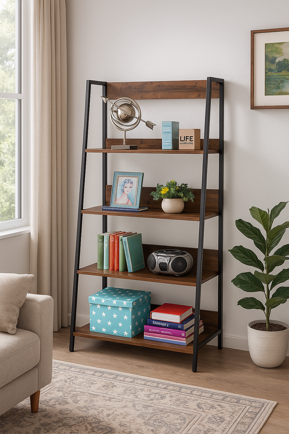 4-Tier Rustic Oak Bookcase Unit with Metal Frame Tiered Shelving Storage Book Shelves for Living Room