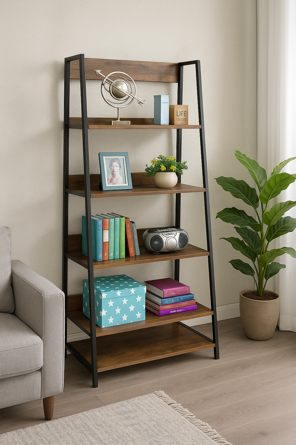 4-Tier Rustic Oak Bookcase Unit with Metal Frame Tiered Shelving Storage Book Shelves for Living Room