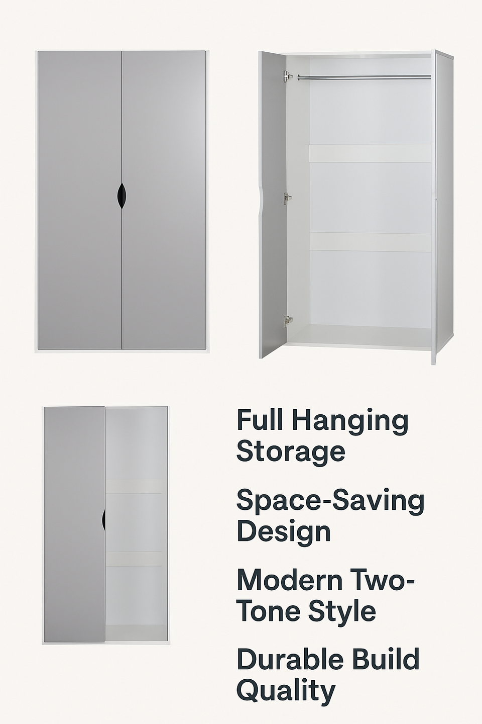 2 Door Wardrobe Storage Hanging Door Cupboard With Hanging Rail
