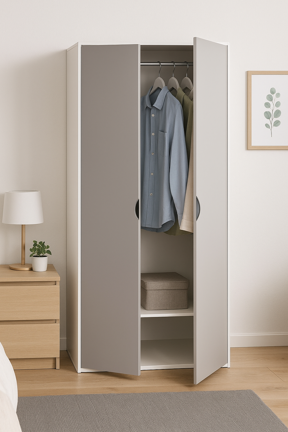2 Door Wardrobe Storage Hanging Door Cupboard With Hanging Rail