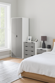 Lavish Kitchen Isle 4-piece bedroom set with white and grey wardrobe, storage cupboards, hanging doors, shelves, and drawers.