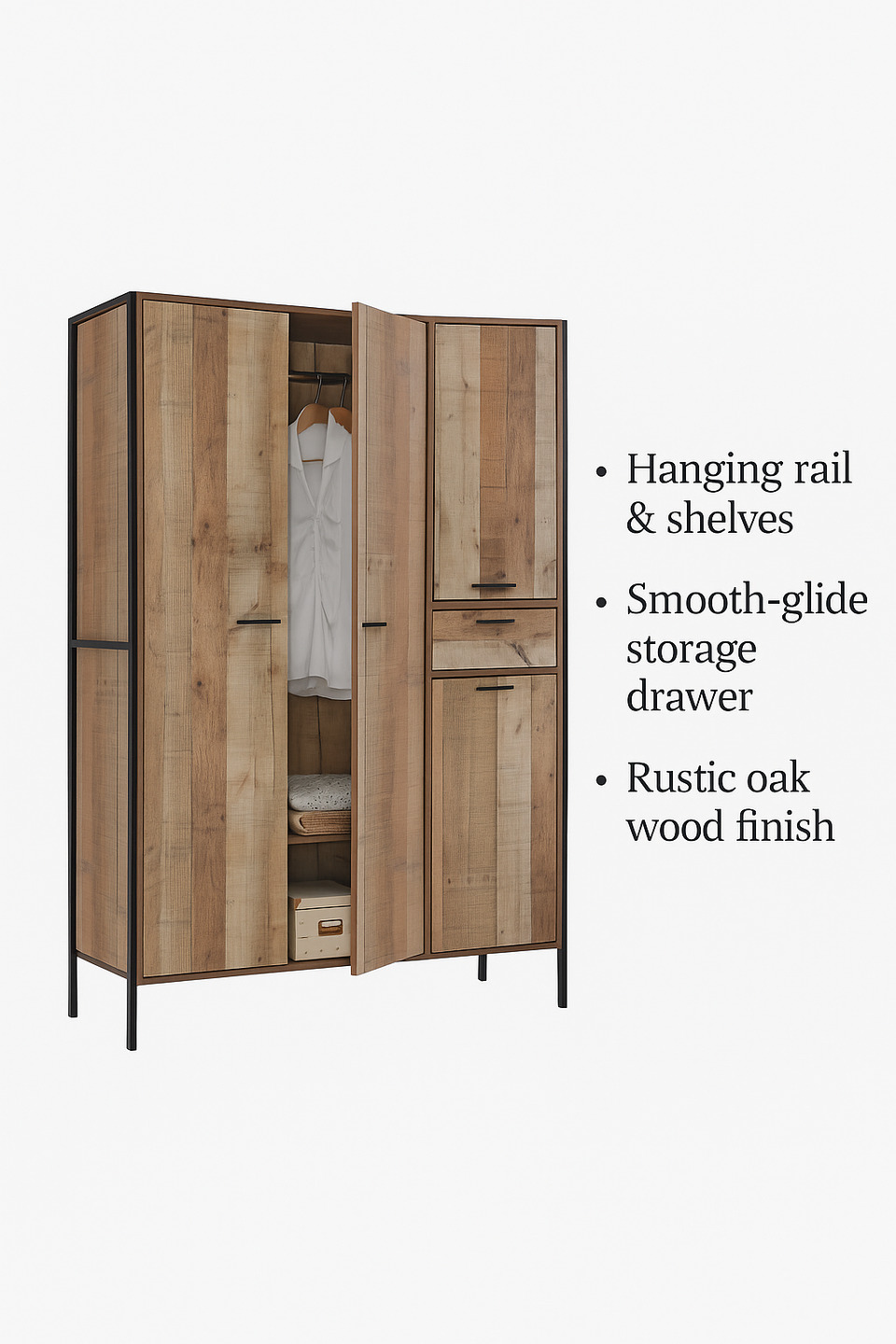 4 Door Wardrobe with Drawer Rustic Storage, Hanging Cupboard with Shelving, Bedroom Furniture