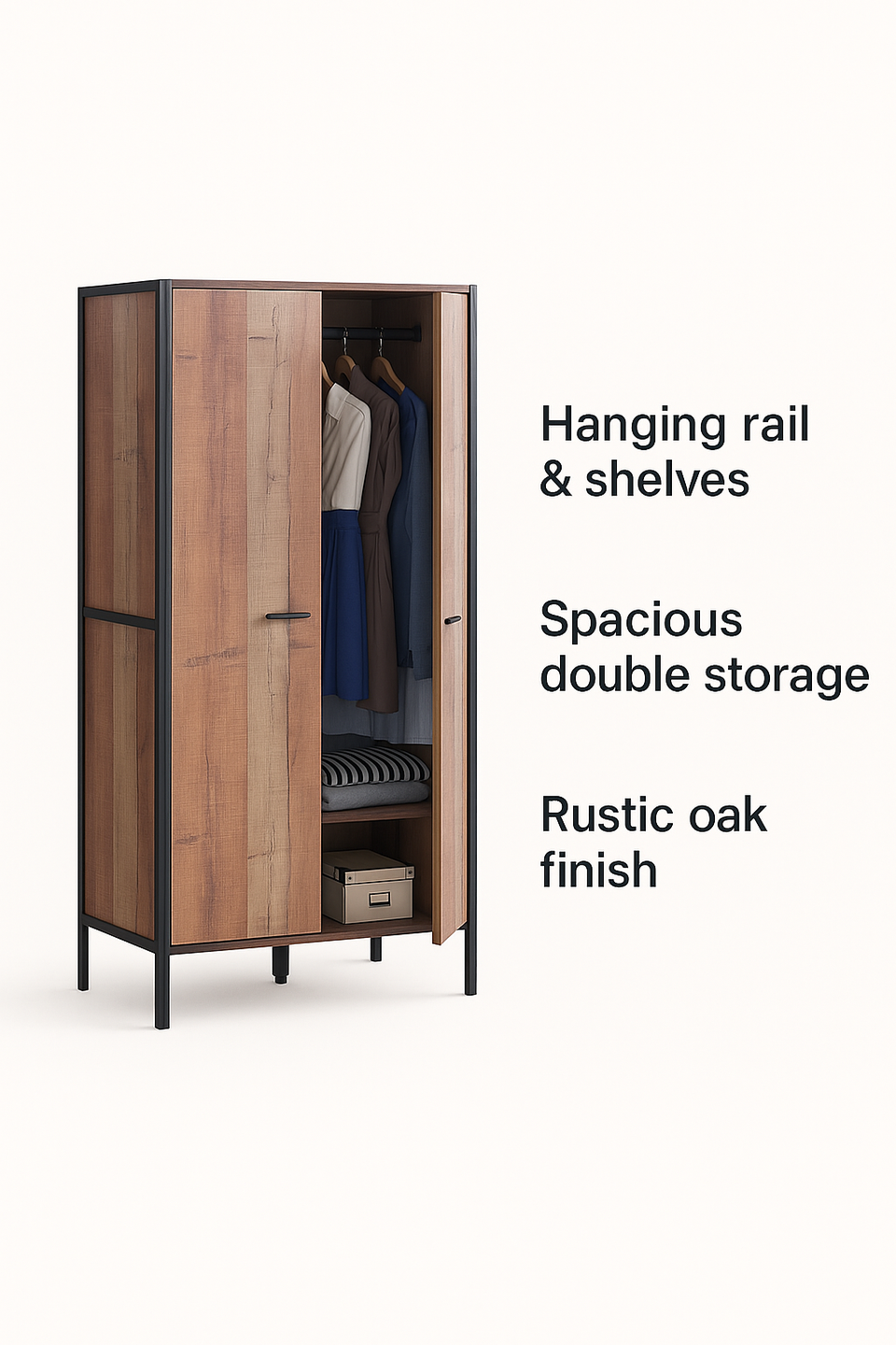2 Door Wardrobe with Shelving Rustic Storage, Hanging Cupboard, Bedroom Furniture