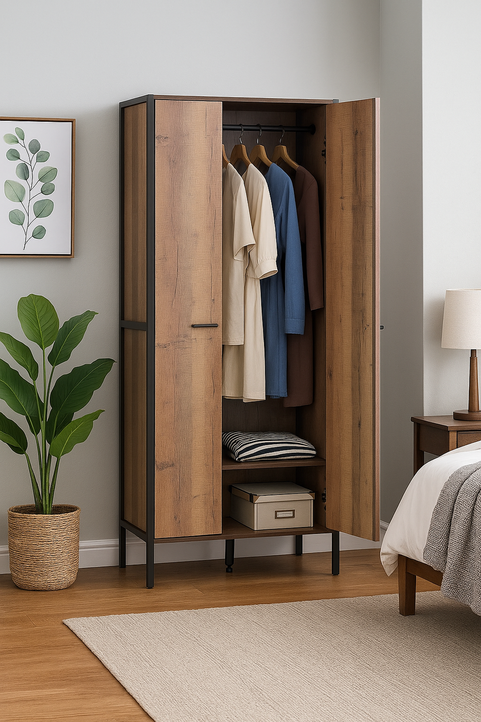 2 Door Wardrobe with Shelving Rustic Storage, Hanging Cupboard, Bedroom Furniture