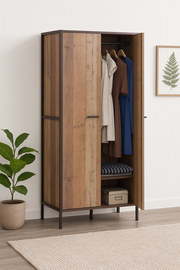2 Door Wardrobe with Shelving Rustic Storage, Hanging Cupboard, Bedroom Furniture