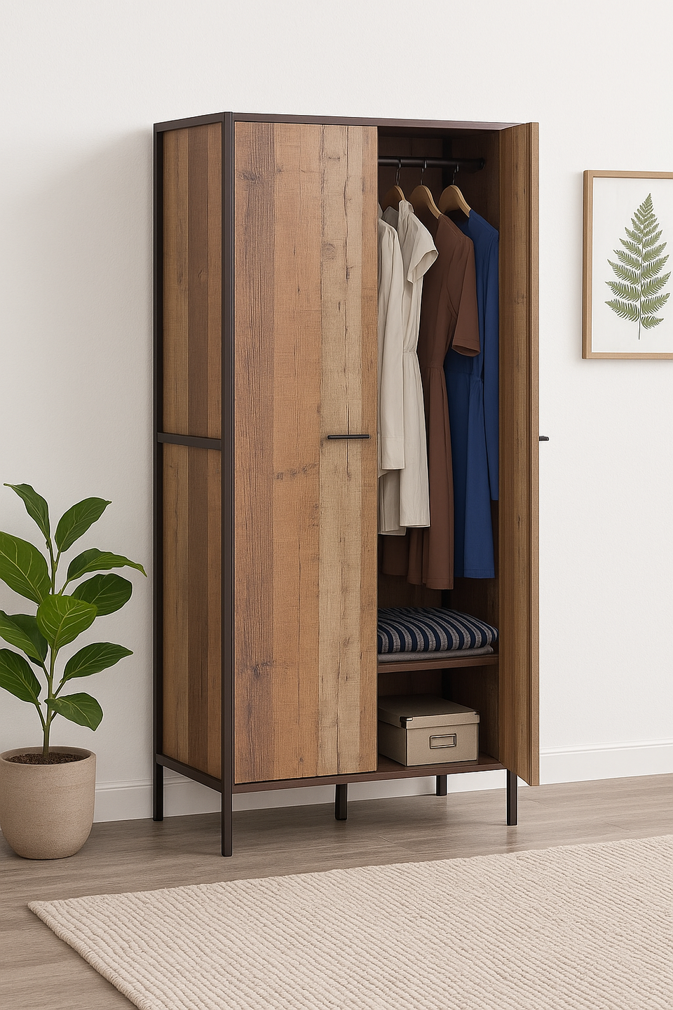 2 Door Wardrobe with Shelving Rustic Storage, Hanging Cupboard, Bedroom Furniture