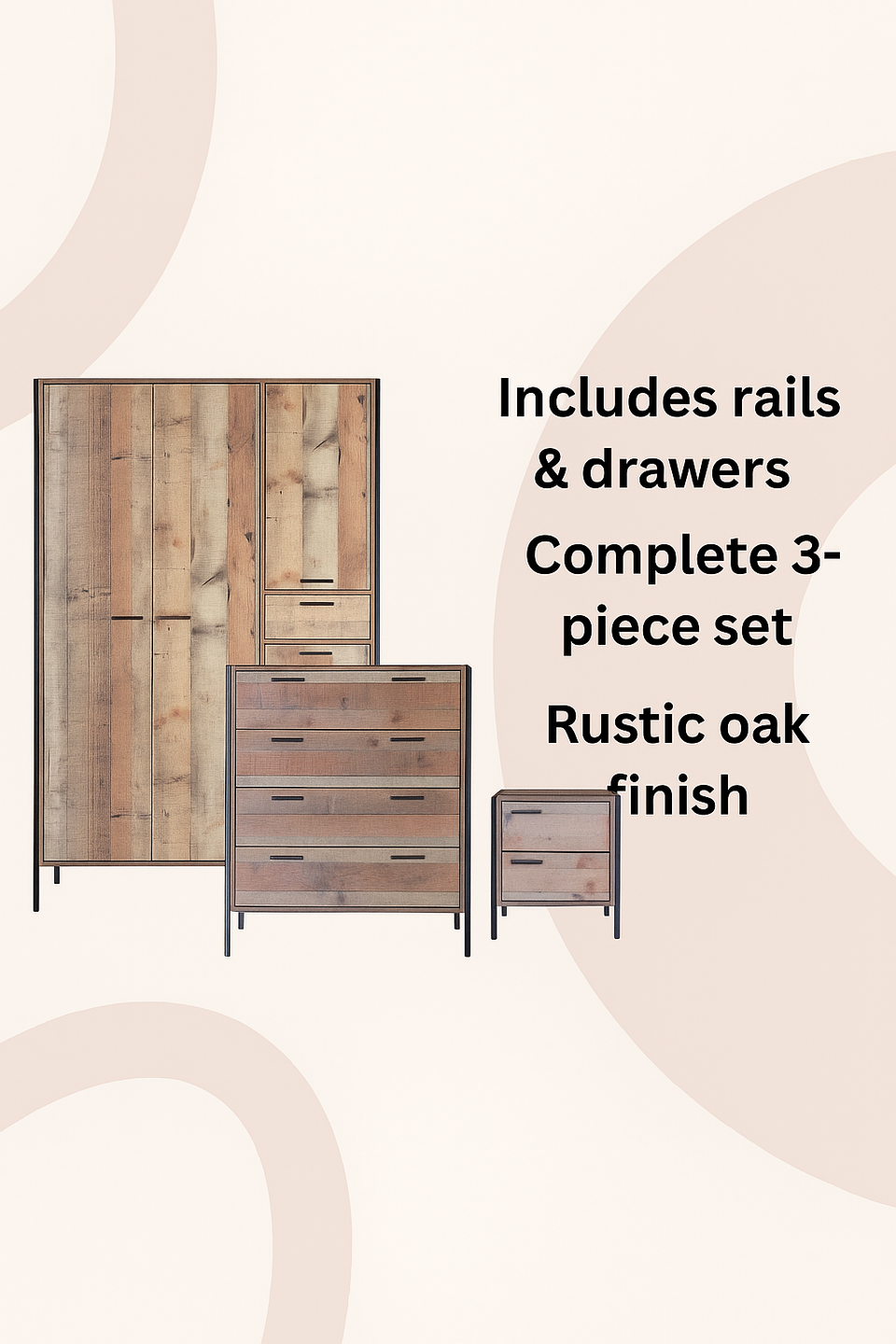 3 Piece Bedroom Furniture Set 4 Door Wardrobe, Chest of Drawers, Bedside Cabinet