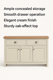 Cream sideboard cabinet with oak top, 3 doors and 2 drawers, ideal for living or dining room storage by Lavish Kitchen Isle.