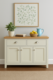 Lavish Kitchen Isle cream sideboard cabinet with oak top, 3 doors, and 2 drawers, used in living or dining room storage.