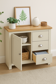 Sideboard Cabinet with 1 Door and 3 Solid Drawers Storage Buffet Unit for Living and Dining Room Furniture in Cream - Lavish Kitchen Isle