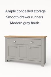 Grey Sideboard Cabinet with Oak Top – 3 Door 2 Drawer Storage Unit for Dining or Living Room - Lavish Kitchen Isle