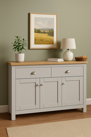 Grey Sideboard Cabinet with Oak Top – 3 Door 2 Drawer Storage Unit for Dining or Living Room - Lavish Kitchen Isle