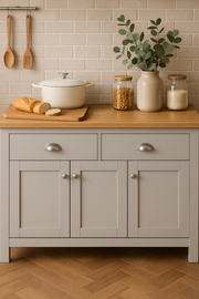 Grey Sideboard Cabinet with Oak Top – 3 Door 2 Drawer Storage Unit for Dining or Living Room - Lavish Kitchen Isle