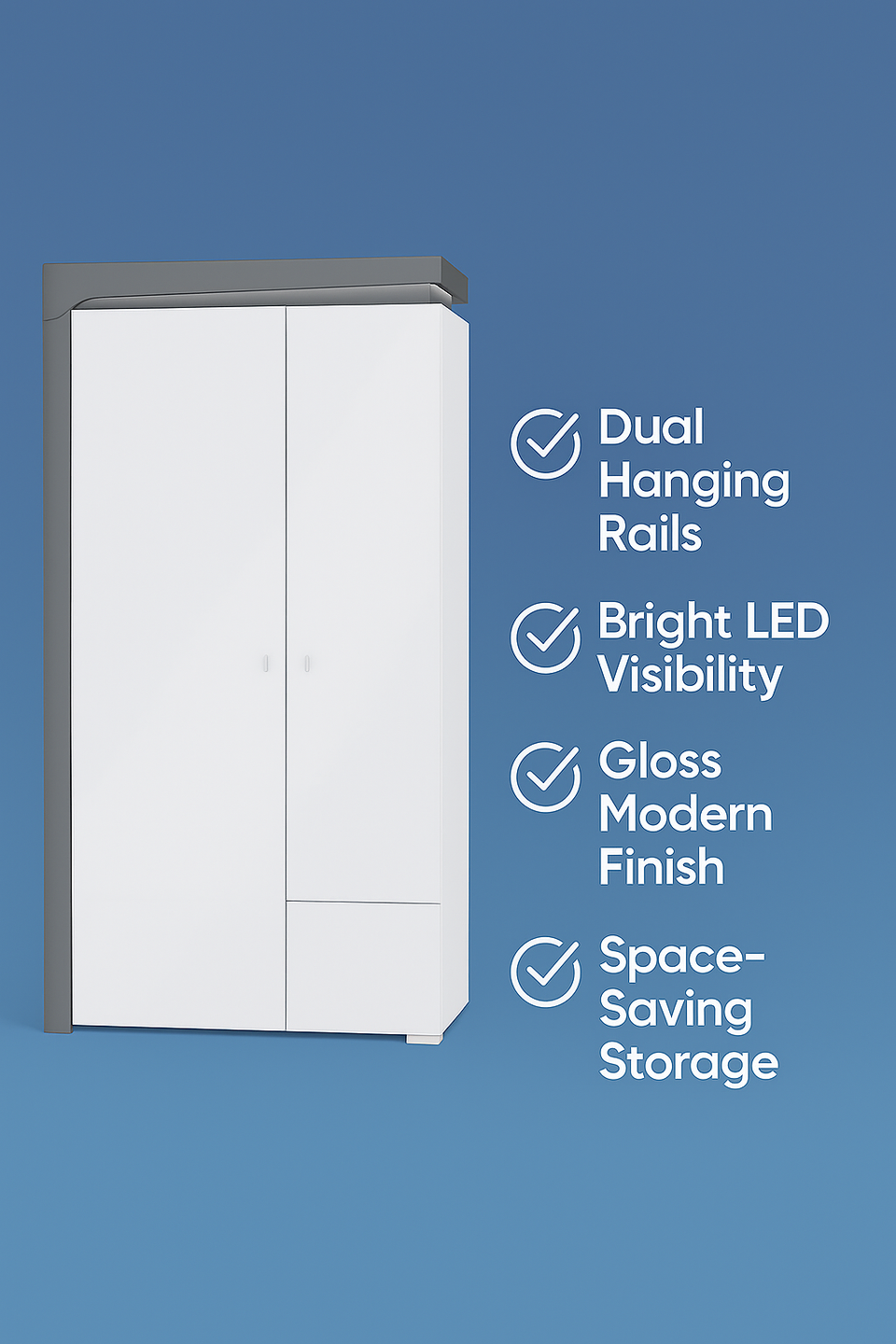 Grey and White Gloss 2 Door Wardrobe with LED Lights – 102 cm Wide