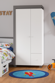 Grey and White Gloss 2 Door Wardrobe with LED Lights – 102 cm Wide