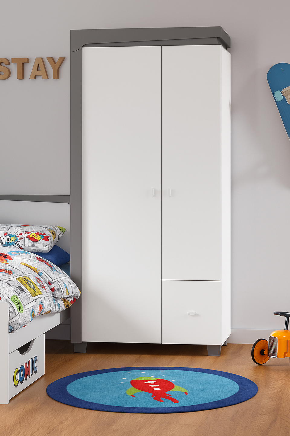 Grey and White Gloss 2 Door Wardrobe with LED Lights – 102 cm Wide