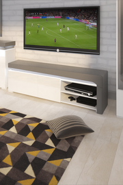 Grey and white gloss TV stand cabinet with cupboards and shelf, 159cm wide, modern design from Lavish Kitchen Isle