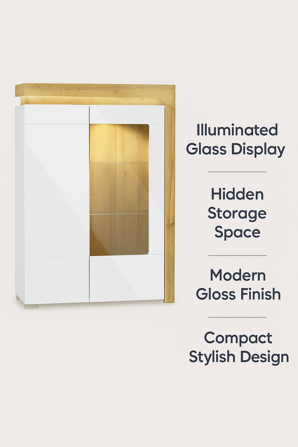 AlpenGlow White High Gloss And Oak Low Wide Display Cabinet With LED Lights
