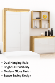 Oak Effect and White Gloss 2 Door Wardrobe with LED Lights