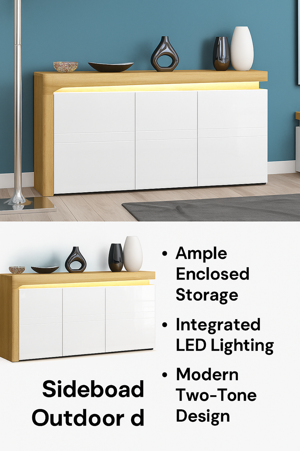 AlpenGlow Oak Effect and White Gloss 3 Door Sideboard With Lights