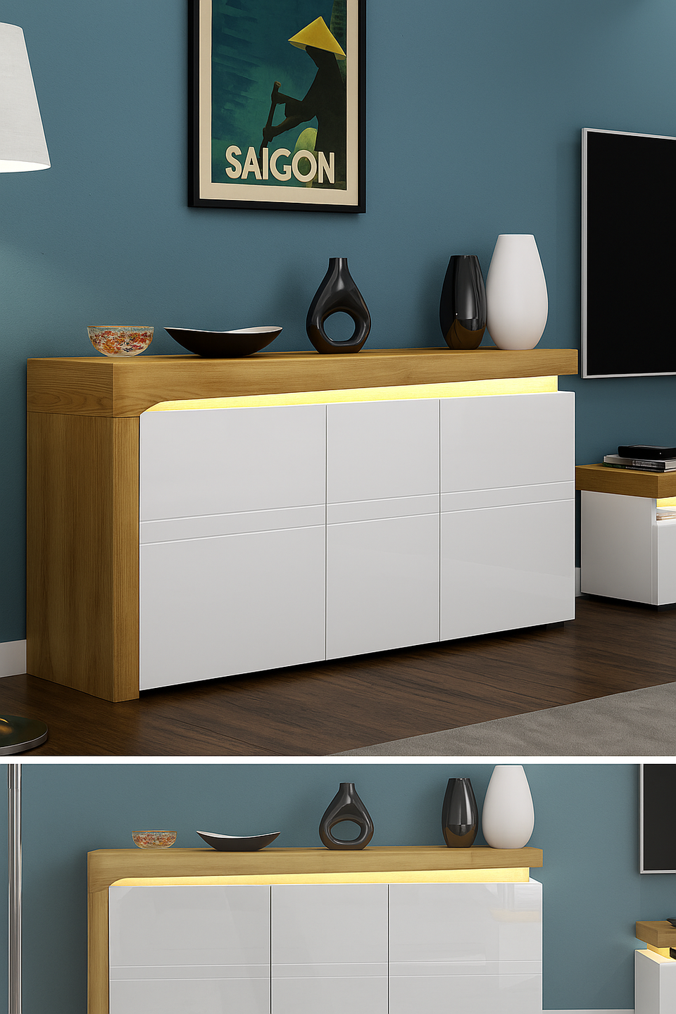AlpenGlow Oak Effect and White Gloss 3 Door Sideboard With Lights