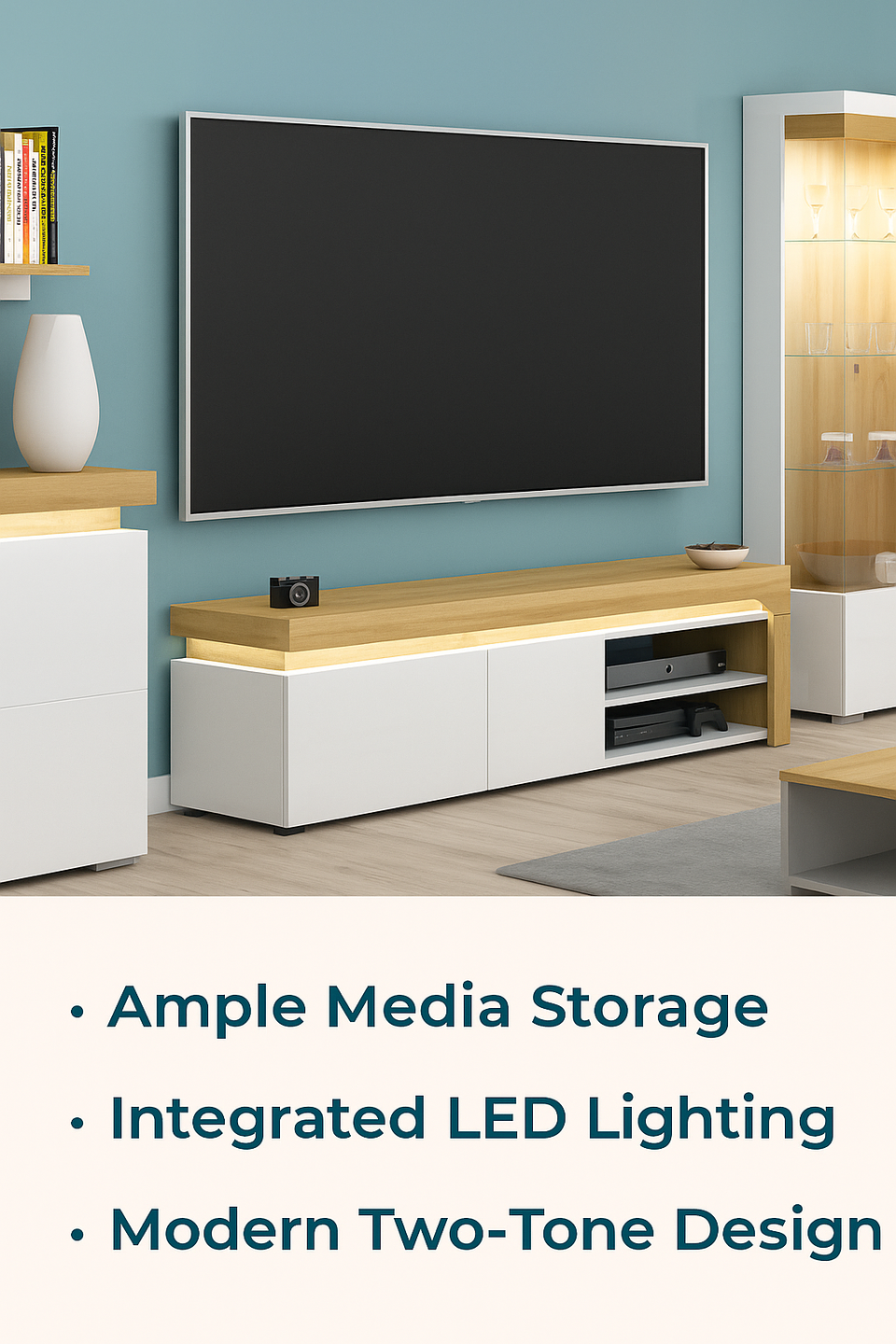 Oak Effect and White Gloss TV Stand with LED Lights and Storage