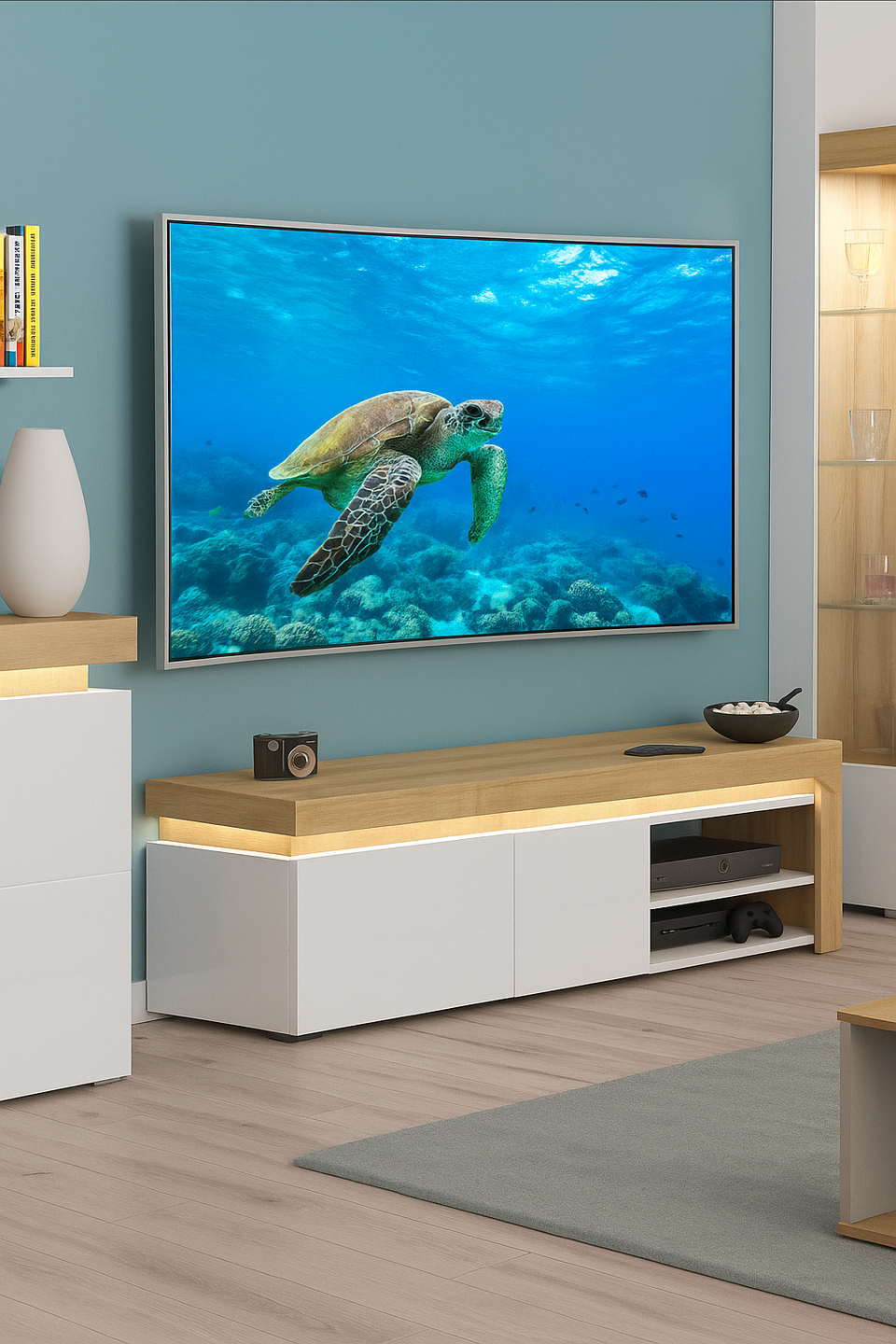 Oak Effect and White Gloss TV Stand with LED Lights and Storage