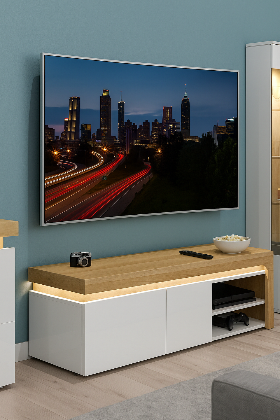 Oak Effect and White Gloss TV Stand with LED Lights and Storage