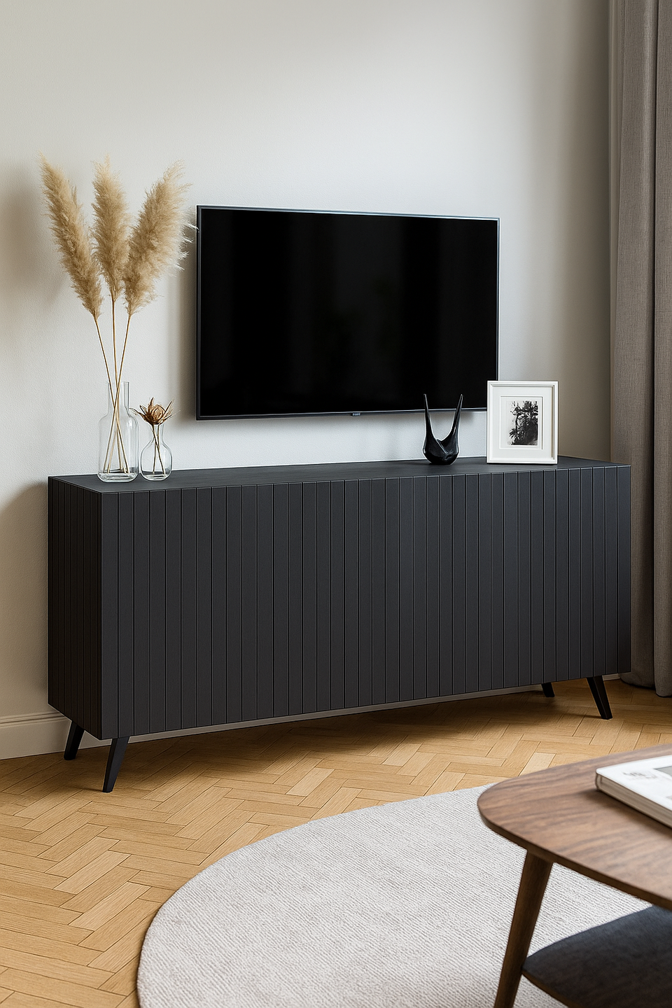 The Matte Black Elegant Sideboard with Grooved Vertical Lines