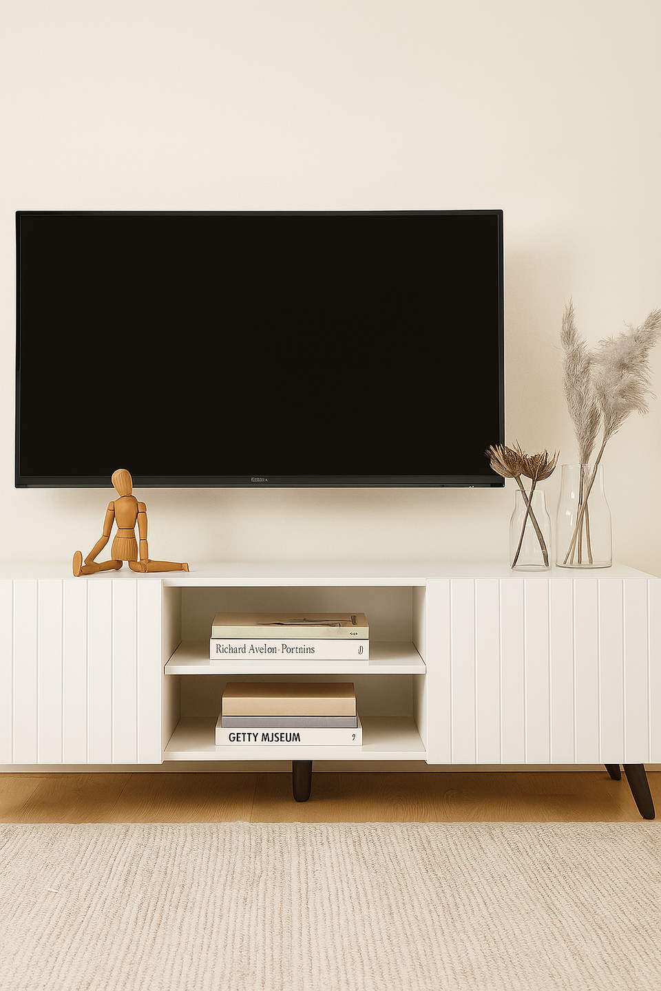 The Matte White Elegant Large TV Cabinet with Grooved Vertical Lines