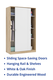 Lavish Kitchen Isle Arctic White and Oak effect sliding 2-door wardrobe, small narrow bedroom storage unit with sleek design.