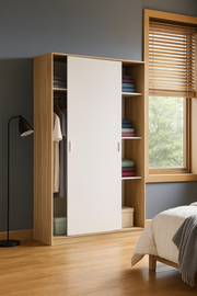 Lavish Kitchen Isle Arctic white and oak effect sliding 2-door wardrobe in a small bedroom, showcasing its modern storage design.