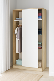 Arctic White and Oak Effect Sliding 2 Door Wardrobe by Lavish Kitchen Isle, small narrow bedroom storage unit in use