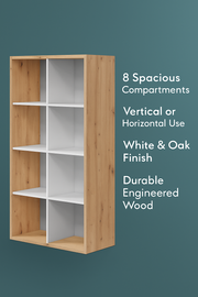 Arctic White and Oak 8-tier modern bookcase with open shelves, showcasing stylish storage for books and decor from Lavish Kitchen Isle.