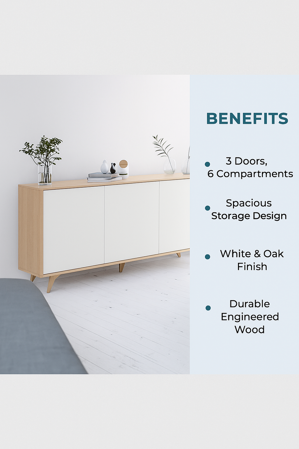 White and Oak Effect 3 Door Sideboard – Modern Wide Storage Cabinet with 6 Compartments