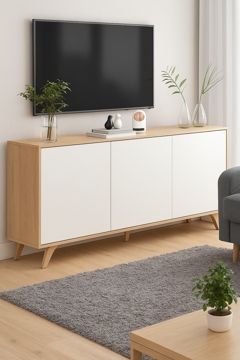 White and Oak Effect 3 Door Sideboard – Modern Wide Storage Cabinet with 6 Compartments