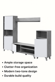 Modern Gris white and concrete grey effect large TV entertainment wall unit cabinet by Lavish Kitchen Isle with storage compartments.