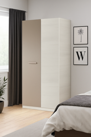 White and grey Ash 90cm wide 2-door wardrobe by Lavish Kitchen Isle, modern bedroom storage with sleek design and realistic setting.