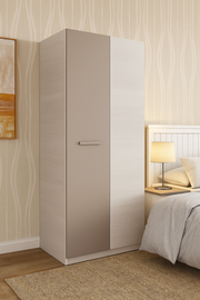 White and grey Ash 90cm wide 2-door wardrobe by Lavish Kitchen Isle in a modern bedroom setting, showcasing sleek storage design.