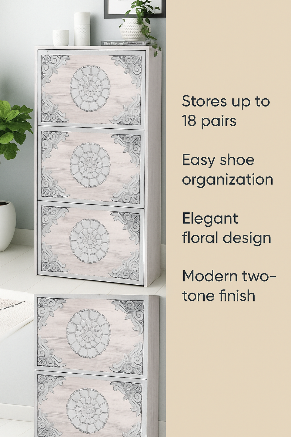 Aura Grey and White Oak Shoe Cabinet – Modern 18 Pair Shoe Storage with Carved Floral Design