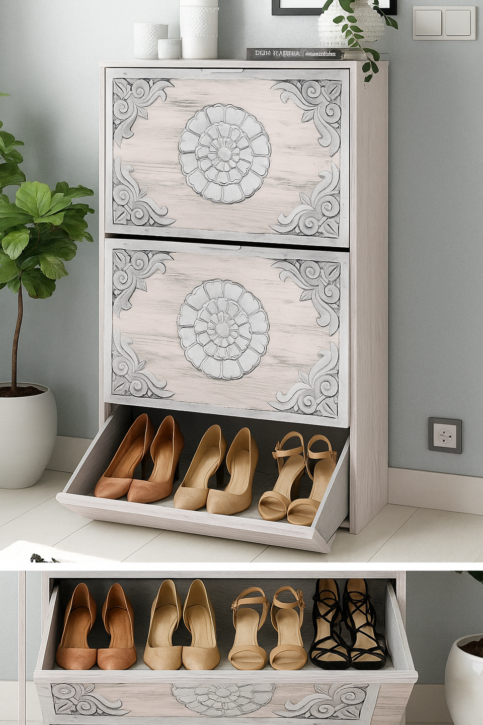 Aura Grey and White Oak Shoe Cabinet – Modern 18 Pair Shoe Storage with Carved Floral Design