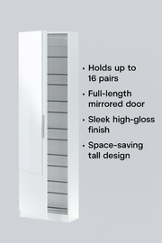 Lavish Kitchen Isle Giovanni Arctic White tall mirrored shoe rack cabinet with wooden finish, space-saving storage for 16 pairs of shoes.