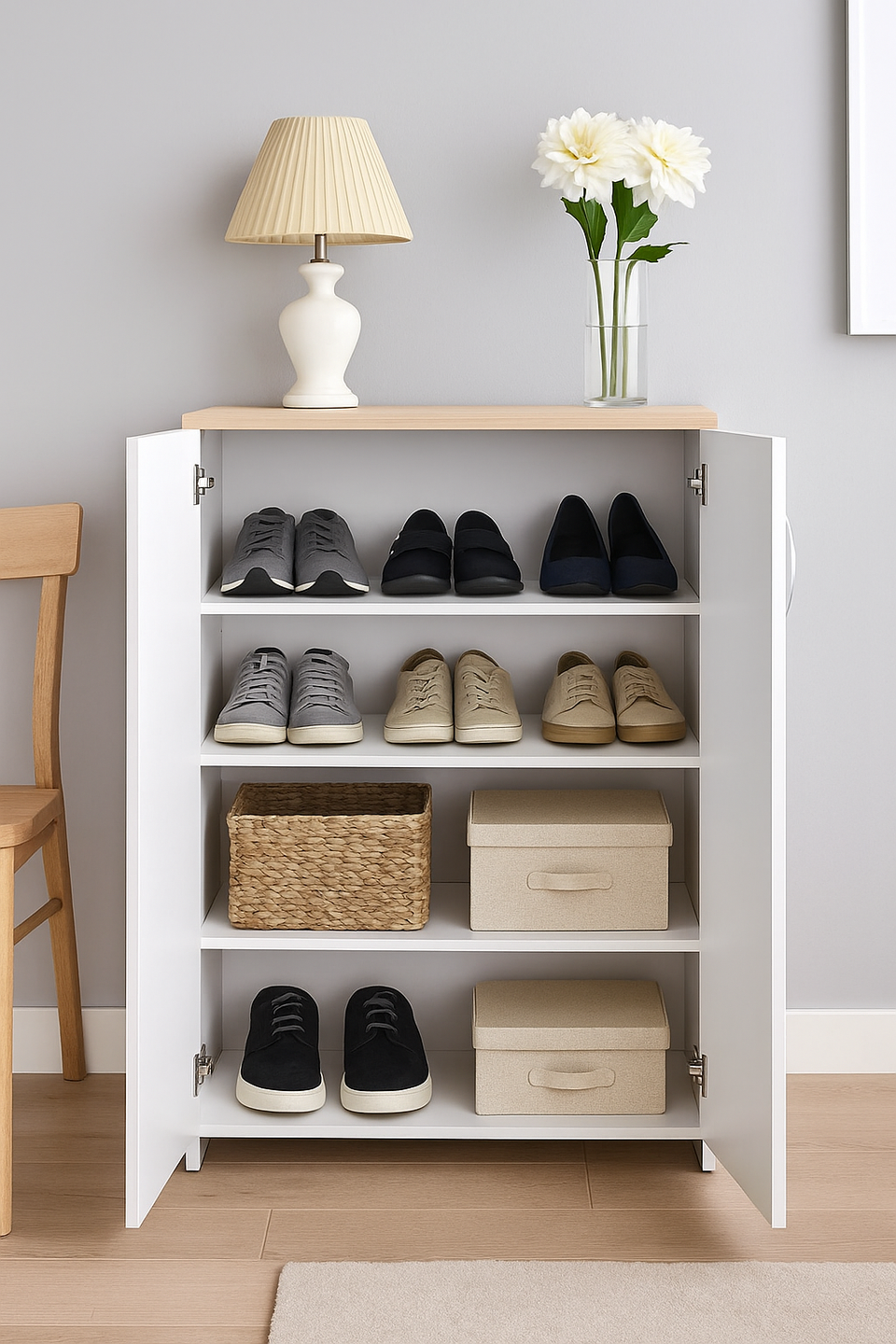 White and Oak Effect 72cm Wide Shoe Rack Cabinet – 2 Door Storage Unit